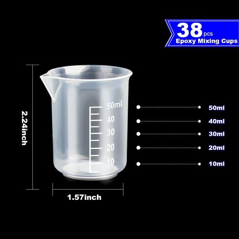 LEOBRO 50ml/1.7oz Epoxy Mixing Cups, 38PCS Graduated Epoxy Resin Cups, Resin Mixing Cups, Beaker, Pouring Cup, Plastic Measuring Cup for Resin, Epoxy, Acrylic Paint, with 40 PCS Wood Craft Sticks in Kuwait
