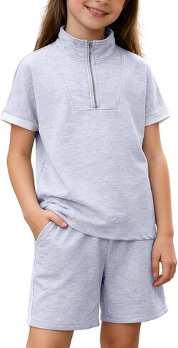 ملابس الفتيات طقم رياضي مكون من قطعتين تي شيرت وشورت بنصف سحاب ومجموعة ملابس صيفية للفتيات المراهقات مقاس 7-14 سنة in Kuwait