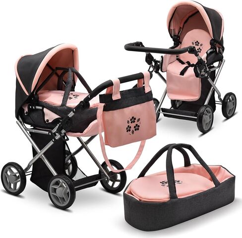 عربة أطفال قابلة للتحويل مع دمية الطفل مع حاملة ساريت السفر القابلة للإزالة للأطفال الصغار يلعبون 25 بوصة قابلة للتعديل عربة عربات التي تجرها الدواب مع المظلة وسلة التخزين ، والأزرق in Kuwait