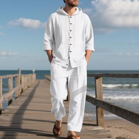 Mens Linen Pants Casual Summer Beach Pants Elastic Waist Drawstring Lightweight Vacation Trousers with Pockets White in Saudi Arabia