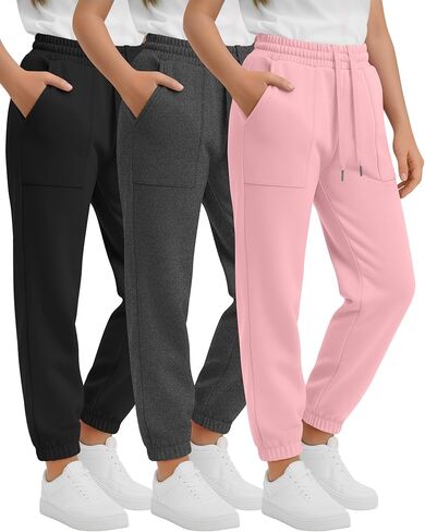 3 Pack Girls' Sweatpants Athletic Drawstring Active Joggers Kids Casual Pants with Pockets for Teen in Kuwait