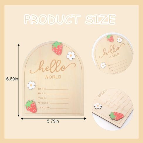 KOJIN Strawberry Wooden Hello World Sign, 6.9 x 5.8 x 0.125 inches, Rustic Newborn Welcome Sign, Fruit Theme, Tabletop Mount, Wood Material, DECORATIVE SIGNAGE in Kuwait