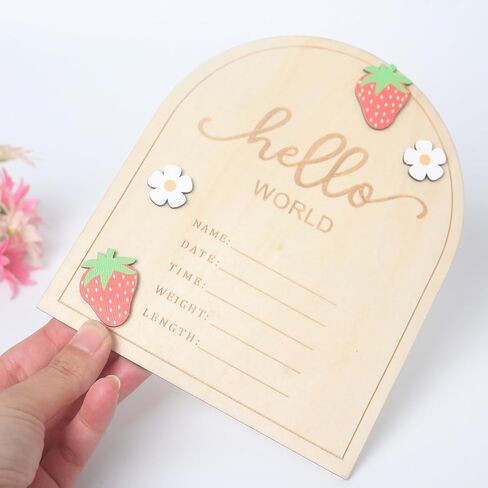 KOJIN Strawberry Wooden Hello World Sign, 6.9 x 5.8 x 0.125 inches, Rustic Newborn Welcome Sign, Fruit Theme, Tabletop Mount, Wood Material, DECORATIVE SIGNAGE in Kuwait