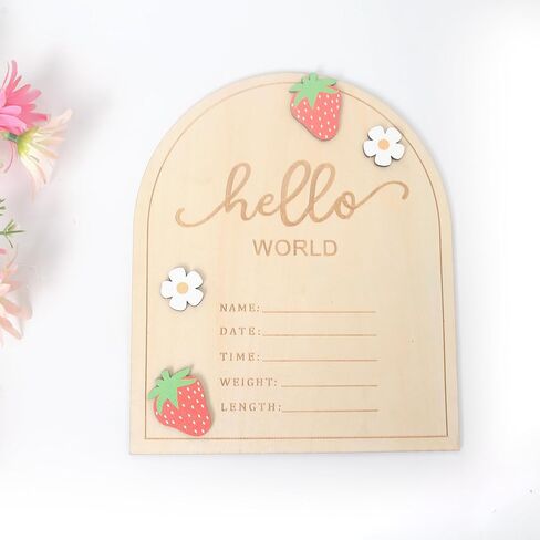 KOJIN Strawberry Wooden Hello World Sign, 6.9 x 5.8 x 0.125 inches, Rustic Newborn Welcome Sign, Fruit Theme, Tabletop Mount, Wood Material, DECORATIVE SIGNAGE in Kuwait