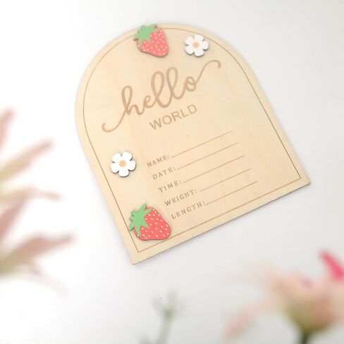 KOJIN Strawberry Wooden Hello World Sign, 6.9 x 5.8 x 0.125 inches, Rustic Newborn Welcome Sign, Fruit Theme, Tabletop Mount, Wood Material, DECORATIVE SIGNAGE in Kuwait