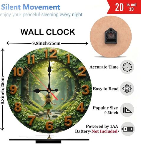ساعة حائط غابة الجنية الساحرة، ساعة حائط خشبية مقاس 10 بوصة، حركة صامتة، تعمل بالبطارية (بطاريات AA غير متضمنة)، ديكور منزلي فني، مثالية لهجات المنزل in Kuwait