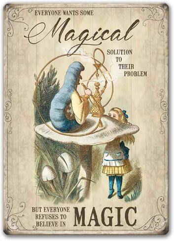 Agedsign Alice in Wonderland Poster, Vintage Metal Tin Sign Magical Solution Quotes Decor Gifts for Girls Living Room Party Decorations 12 x 8 inches in Kuwait