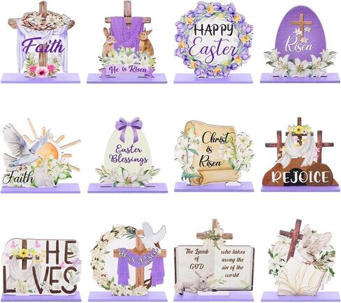 12 Pcs Easter Table Decorations He is Risen Table Centerpiece Religious Christian First Communion Tabletop Signs Wooden Cross Wood Sign Christian Vintage Style Table Centerpiece Easter Ornaments in Kuwait