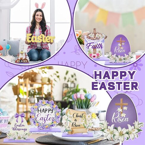12 Pcs Easter Table Decorations He is Risen Table Centerpiece Religious Christian First Communion Tabletop Signs Wooden Cross Wood Sign Christian Vintage Style Table Centerpiece Easter Ornaments in Kuwait