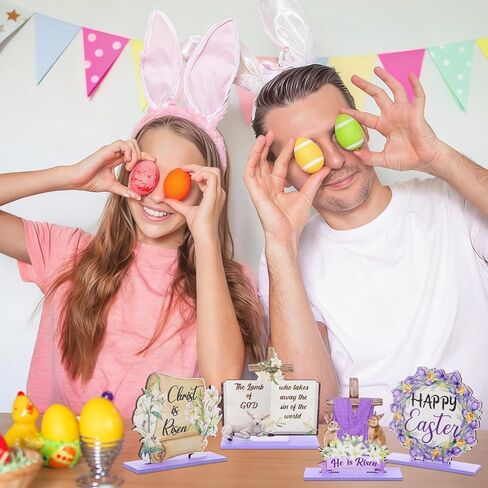 12 Pcs Easter Table Decorations He is Risen Table Centerpiece Religious Christian First Communion Tabletop Signs Wooden Cross Wood Sign Christian Vintage Style Table Centerpiece Easter Ornaments in Kuwait