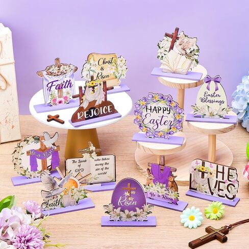 12 Pcs Easter Table Decorations He is Risen Table Centerpiece Religious Christian First Communion Tabletop Signs Wooden Cross Wood Sign Christian Vintage Style Table Centerpiece Easter Ornaments in Kuwait