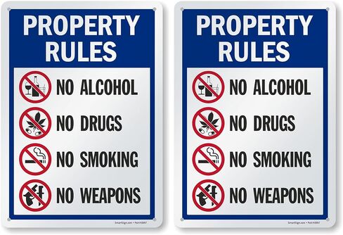 SmartSign 14 x 10 inch “Property Rules - No Alcohol, No Drugs, No Smoking, No Weapons" Metal Sign, 40 mil Laminated Rustproof Aluminum, Multicolor in Kuwait