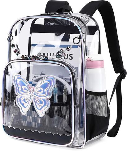 حقيبة ظهر شفافة للمدرسة، حقيبة كتب شفافة للفتيات، حقيبة ظهر شفافة من مادة PVC شديدة التحمل، فراشة وردية in Kuwait