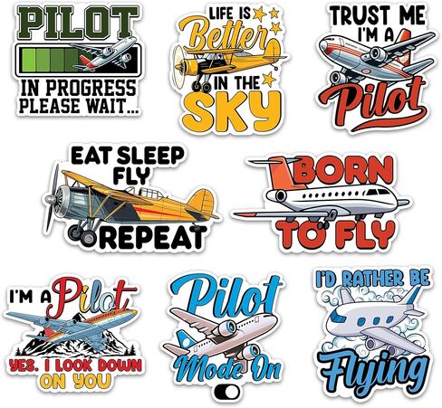 Pilot Sticker 8 Pcs (Large Size) Vinyl Stickers Laptop Waterproof Decal for Car Bumper Water Bottle Notebook Luggage Window Party Birthday Decorations - Size 4 Inches in Kuwait