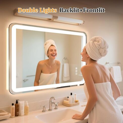 24"x32" LED Bathroom Mirror with Lights, Front and Backlit, Stepless Dimmable, Lighted Mirror for Bathroom Wall, 3 Colors Dimmable Vanity Mirror with Lights, Anti-Fog, Shatter-Proof Glass(Round) in Saudi Arabia