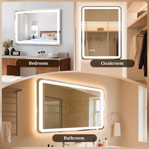 24"x32" LED Bathroom Mirror with Lights, Front and Backlit, Stepless Dimmable, Lighted Mirror for Bathroom Wall, 3 Colors Dimmable Vanity Mirror with Lights, Anti-Fog, Shatter-Proof Glass(Round) in Saudi Arabia