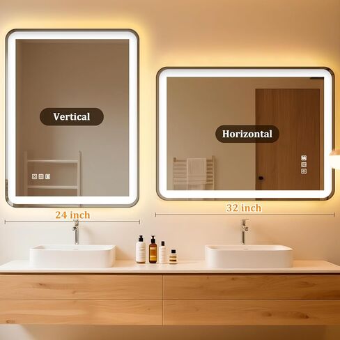 24"x32" LED Bathroom Mirror with Lights, Front and Backlit, Stepless Dimmable, Lighted Mirror for Bathroom Wall, 3 Colors Dimmable Vanity Mirror with Lights, Anti-Fog, Shatter-Proof Glass(Round) in Saudi Arabia