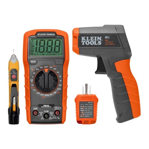 Klein Tools 80067 Electrical Test Kit with IR Digital Thermometer, Multimeter, Non-Contact Voltage Tester Pen and Receptacle Tester, 4-Piece,Green/Red in Kuwait