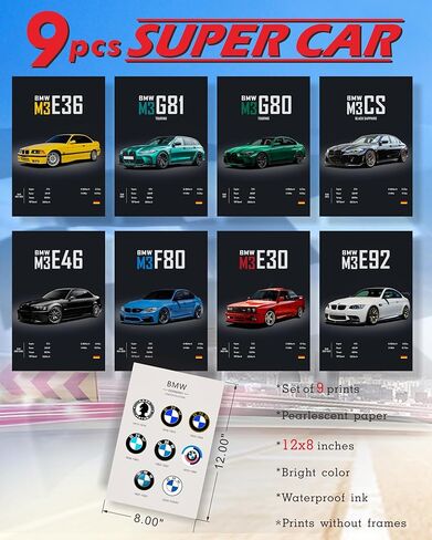 dazongweihan 9pcs ملصقات السيارات السوبر لغرفة الأولاد، سباق السيارات جدار الفن للرجال الرجال، ديكور جدار السيارة الرياضية، صور سيارات السباق ديكور الحائط لغرفة النوم النوم رجل الكهف (غير الإطار، 8 × 12 بوصة) - A6 in Kuwait