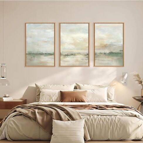 lhiuem كبير مجردة الأخضر الرمادي الباستيل مؤطرة قماش جدار الفن، ديكور جدار المناظر الطبيعية محايدة، الأعمال الفنية الحديثة بحيرة الألوان المائية، البيج محكم الرسوم التوضيحية الفن لغرفة المعيشة، غرفة نوم، مكتب- 16 "× 24" × 3 in Kuwait