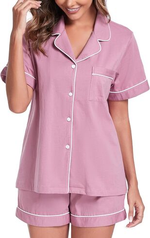 100% Cotton Pajamas for Women Set Short Sleeve Summer Sleepwear Soft Comfy Cotton Pj Sets Button Down Nightwear in Saudi Arabia
