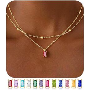 M MOOHAM Easter Gifts - Birthstone Necklaces for Women, 14K Gold-Plated Dainty Blue Green Emerald Birthstone Layered Necklace, Gold CZ Pendant Necklace Trendy Women's Jewelry Birthday Gifts in Kuwait