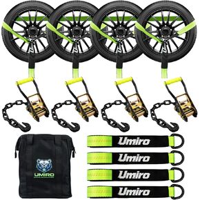 4 Pack Reflective Car Tie Down Straps for Trailers Tire Ratchet Strap with Chain Anchors 2" x 10' 10,000LBS Break Strength Wheel Straps for Hauling UTV,SUV,Truck (Fluorescent Green, 2''*10') in Kuwait