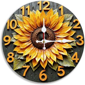 Wall Clock Art Print, Silent Non Ticking Battery Operated,Sunflower & Wood Grain Clock 2D Art Print Decorative for Bathroom Kitchen Bedroom 10 inch & 12 inch, Ships Next Day，No Battery in Saudi Arabia