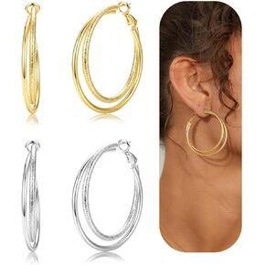 زوجان من الأقراط الحلقية المزدوجة من الفضة الإسترلينية عيار 925 للنساء، مجموعة أقراط هوجي مضادة للحساسية خفيفة الوزن، حلق كبير مطلي بالذهب عيار 16 قيراط للأذنين الحساسة غير مشوه in Kuwait