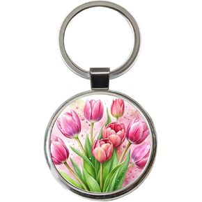 Pink Tulips Flowers Watercolor Round Metal Keychain in Kuwait