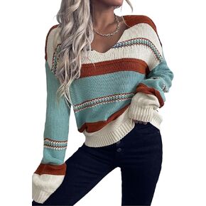 SISKIN Striped Knit Pullover Sweater, Color Block Boho Casual Ribbed Drop Shoulder Sweater for Women 2025 in Kuwait