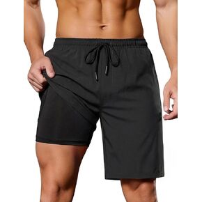 SILKWORLD Quick Dry 2 in 1 Men's Running Shorts with Zipper Pockets Drawstring Workout Shorts Lightweight Gym Athletic Shorts in Kuwait