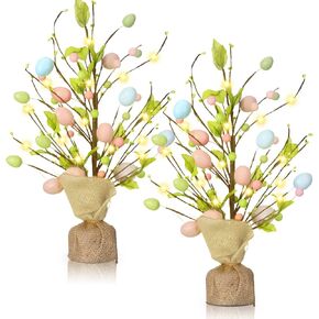 Marsui 2 Pcs Easter Egg Tree Decorations 18 Inch Pre Lit Easter Egg Tree Tabletop Decor with LED Light Spring Party Decoration Gifts for Home Table Centerpieces Pastel Blue Pink Yellow in Kuwait