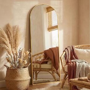 مرآة كاملة الطول، مرايا أرضية مقاس 71 × 26 بوصة مع حامل، مرآة ذهبية بقوس كبير جدًا جدًا لغرفة النوم وغرفة الملابس وديكور المنزل، ذهبي in Kuwait
