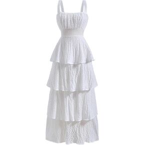Women's Layered Ruffle Maxi Dress Summer Square Neck Flowy Beach Vacation Dresses in Kuwait