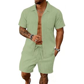 مجموعة Bealin الرجالية القصيرة مكونة من قطعتين من ملابس الصيف للشاطئ والقمصان والسراويل القصيرة ذات الجيب المزخرف بأزرار سفلية in Kuwait