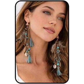 Boho Feather Tassel Earrings for Women, Turquoise Beaded Tribal Dangle Long Drop Earring Vintage Ethnic Shell Statement Jewelry Gift in Saudi Arabia