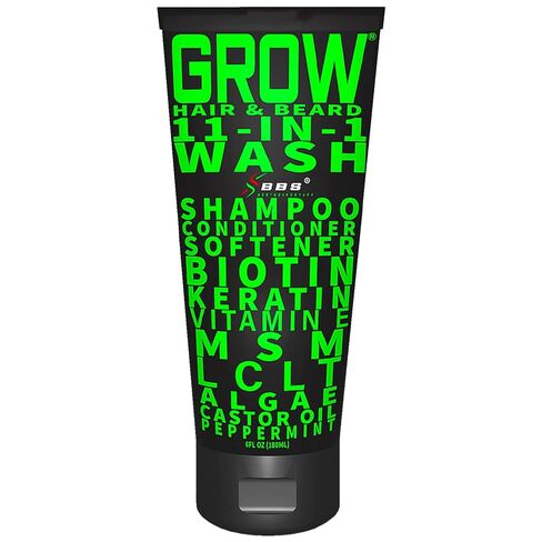 GROW Hair & Beard 11-in-1 Wash: Shampoo, Conditioner Softener, Biotin, Castor Oil, Peppermint Essential Oil, Vitamin E, MSM, Keratin, Algae, LCLT - Supports Healthy Growth - Vegan - BBS USA Product in Kuwait