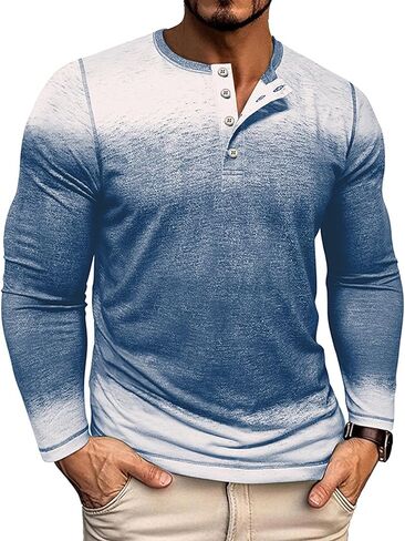 Nuofengkudu Mens Henley Shirts Long Sleeve Color Block T Shirt Casual Vintage Tee Button Pullover Shirts Tops in Saudi Arabia