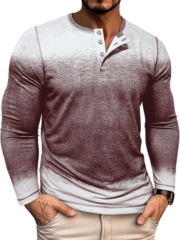 Nuofengkudu Mens Henley Shirts Long Sleeve Color Block T Shirt Casual Vintage Tee Button Pullover Shirts Tops in Saudi Arabia