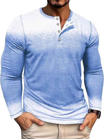 Nuofengkudu Mens Henley Shirts Long Sleeve Color Block T Shirt Casual Vintage Tee Button Pullover Shirts Tops in Saudi Arabia