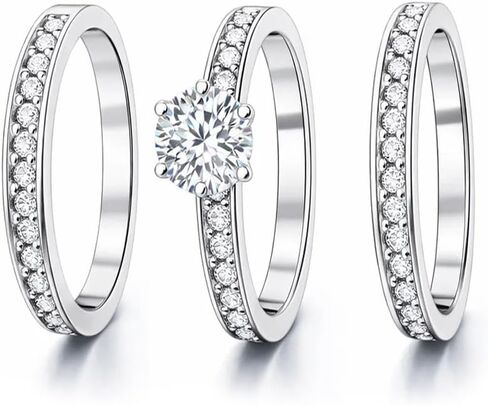 FAIRY COUPLE 3-Piece Bridal Ring Set for Women, 18K White Gold Plated Cubic Zirconia Engagement Ring with Matching Bands, Floral-Inspired Solitaire Wedding Set, Travel & Promise Ring R366 in Kuwait