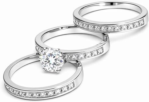 FAIRY COUPLE 3-Piece Bridal Ring Set for Women, 18K White Gold Plated Cubic Zirconia Engagement Ring with Matching Bands, Floral-Inspired Solitaire Wedding Set, Travel & Promise Ring R366 in Kuwait