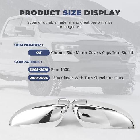 1 Pair Chrome Mirror Cover Caps Top Half Left & Right fits Ram Classic 2009-2018 and Ram 1500 1500 2019-2024 Plated With Turn Signal Cut-Outs in Kuwait