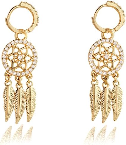 Dream Catcher Dangle Earrings for Women, Boho Feather Tassels Drop Earrings Geometric AAA Zircon Ear Jewelry in Kuwait