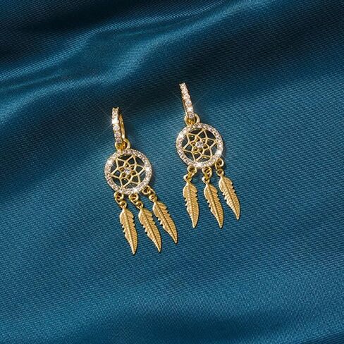 Dream Catcher Dangle Earrings for Women, Boho Feather Tassels Drop Earrings Geometric AAA Zircon Ear Jewelry in Kuwait