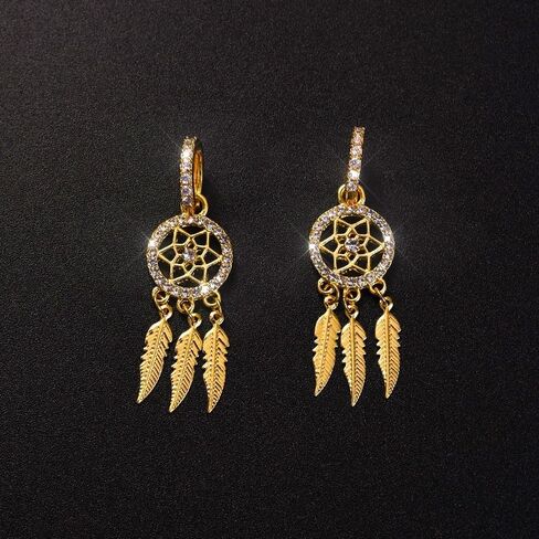 Dream Catcher Dangle Earrings for Women, Boho Feather Tassels Drop Earrings Geometric AAA Zircon Ear Jewelry in Kuwait