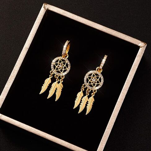 Dream Catcher Dangle Earrings for Women, Boho Feather Tassels Drop Earrings Geometric AAA Zircon Ear Jewelry in Kuwait