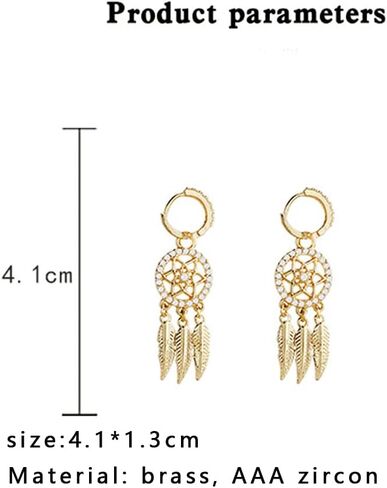 Dream Catcher Dangle Earrings for Women, Boho Feather Tassels Drop Earrings Geometric AAA Zircon Ear Jewelry in Kuwait
