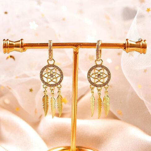 Dream Catcher Dangle Earrings for Women, Boho Feather Tassels Drop Earrings Geometric AAA Zircon Ear Jewelry in Kuwait